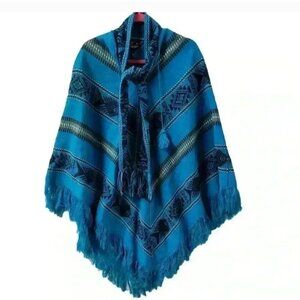 World Beat Hand Woven Blue Southwestern Wool Shaw Boho Geometric OS